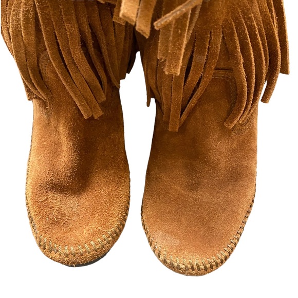 Minnetonka brown suede fringe three row tassel boot moccasin - Picture 9 of 15